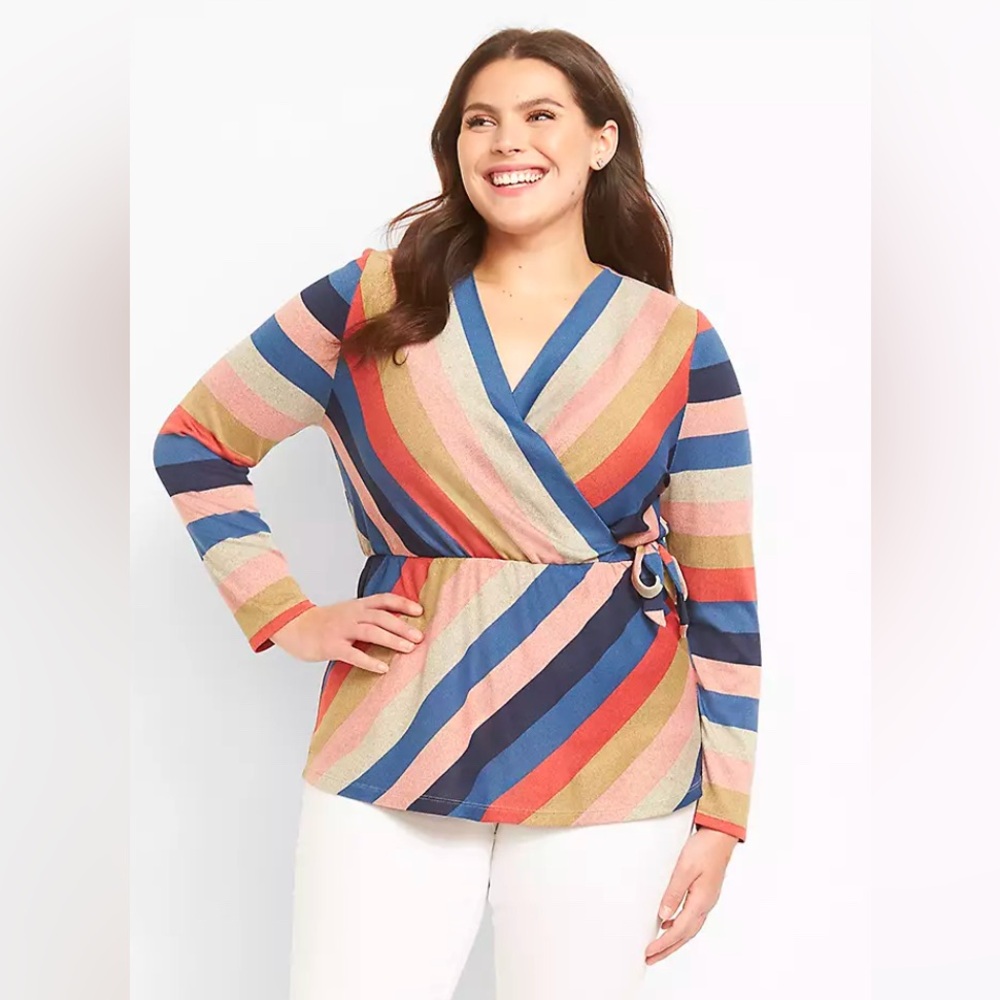 LANE BRYANT Women’s Plus Size 22 Multi-Color Striped Faux Wrap V-Neck Blouse Top